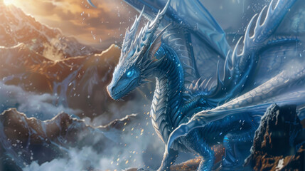 A blue dragon is standing on a mountain with snow
