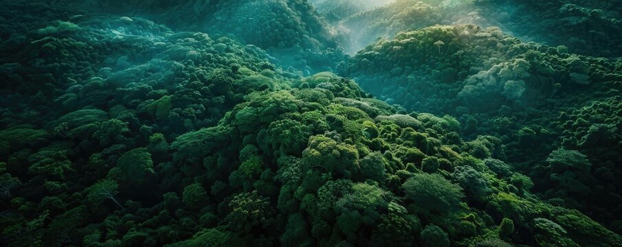 A breathtaking aerial view of a lush green forest under a cloudy sky, showcasing nature's beauty and serene landscape.