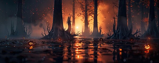 A spooky, foggy forest with glowing jack-o-lanterns and a mysterious, fiery light in the background, perfect for Halloween themes.