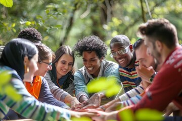 a diverse group of employees participating in a team building activity such as a workshop or outdoor