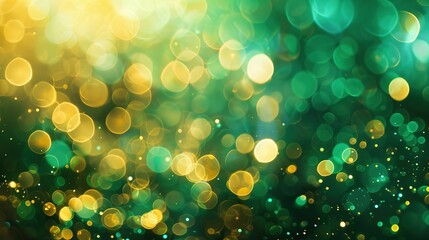 Wall Mural - Abstract blur bokeh banner background. Gold bokeh on defocused emerald green background