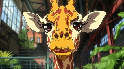 Poster -   Close-up of giraffe's face in front of tall building with lots of windows