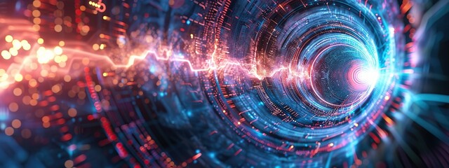 Wall Mural - energetic digital backdrop featuring swirling digital tunnel with a bright orange light at the end