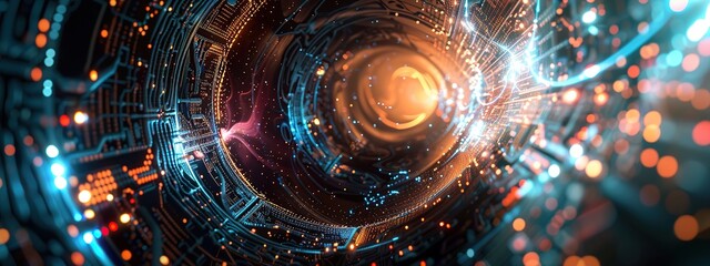 Wall Mural - energetic digital backdrop featuring swirling digital tunnel with a bright orange light at the end