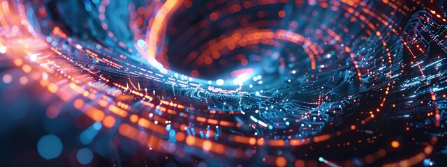 Wall Mural - energetic digital backdrop featuring swirling digital tunnel with a bright orange light at the end