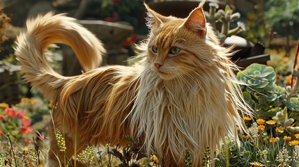 Wall Mural -   A fluffy orange cat stands in a field of wildflowers with a blue-eyed gaze on its face