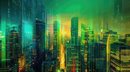 ESG-themed cityscape with futuristic green buildings and holographic data overlays, showcasing sustainability metrics, Futuristic, Neon, High resolution.