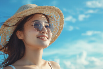 Portrait of a beautiful Asian girl in hat smiling happily on a blue sky background