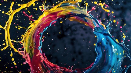 Poster - Abstract circle liquid motion flow explosion. Curved wave colorful pattern with paint drops on black background