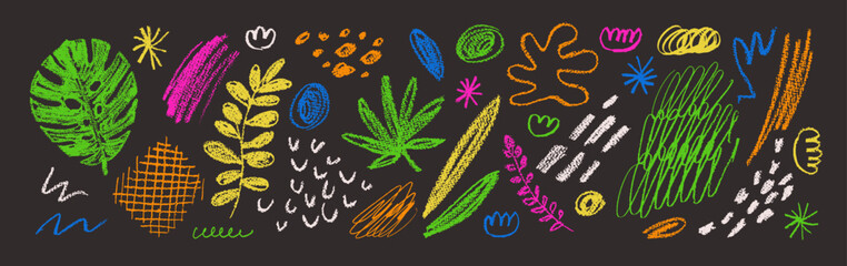 Childish summer vector charcoal scribble textures. Vector hand-drawn set. Chalk textured tropical jungle doodle shapes. Pastel smears, scrawls, scratches, dots. Kids crayon drawings, black background