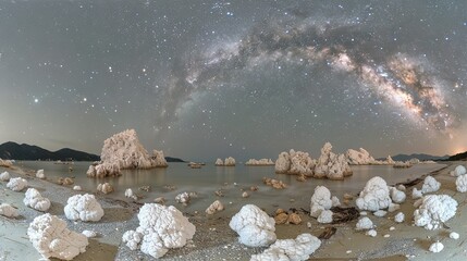 Wall Mural -   A cluster of boulders resting atop a seashore beneath a star-studded, hazy sky