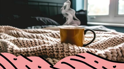 Wall Mural -   A cup of coffee sits on top of a blanket over a bed with another blanket covering it