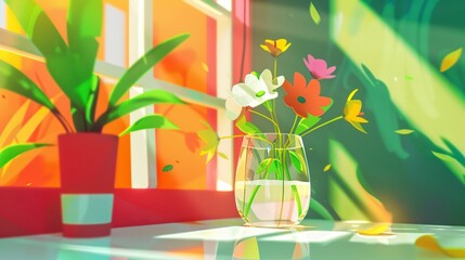 Sticker -   A vase of flowers sits on a table, next to a vase of water and a plant