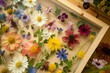 © Татьяна Евдокимова - Assorted colorful pressed flowers artistically arranged in a wooden frame, showcasing natural beauty and floral preservation for decoration or crafting