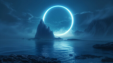 Wall Mural - modern futuristic neon abstract background. large object in the center, space background. dark scene