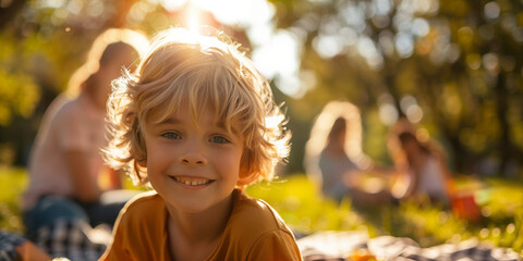 kids enjoying picnic with family on summer in park on a sunny day