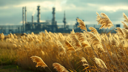 Field of carbon neutral golden Miscanthus with a biorefinery in the background converting it into fuel. 