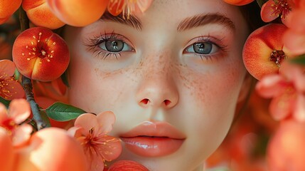 Canvas Print -   A woman with freckles, blue eyes, and an orange-fruit crown is surrounded by orange flowers