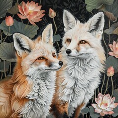 Poster -  Two foxes sit together in front of a flower-filled backdrop with rustling leaves