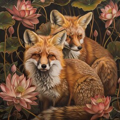 Wall Mural -   Two foxes sit on a water lily field with pink flowers in the background