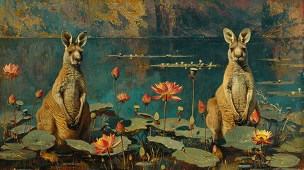 Wall Mural -   Two kangaroos sit side by side in a tranquil pond surrounded by lily pads and water lilies