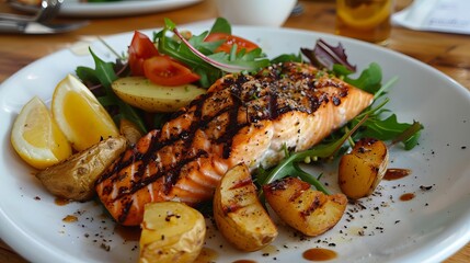 Wall Mural - Grilled salmon fillet with fried potatoes and a fresh green salad.