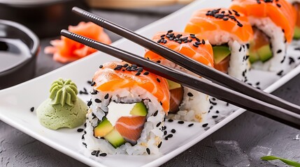 Wall Mural - Fresh sushi rolls filled with salmon, avocado, and black sesame seeds, arranged on a plate with chopsticks.