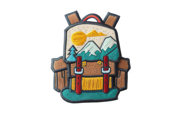 colorful embroidered hiking backpack patch with mountain and sun design, perfect for outdoor adventu