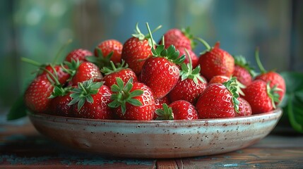   A wooden table holds a bowl full of ripe strawberries, surrounded by a green leafy plant