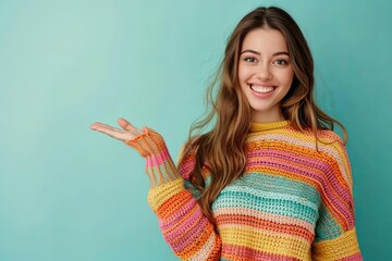 Poster - A woman in a colorful knitwear singlet smiles brightly while presenting an empty space with her outstretched hand, set against a vibrant turquoise background. Generative AI