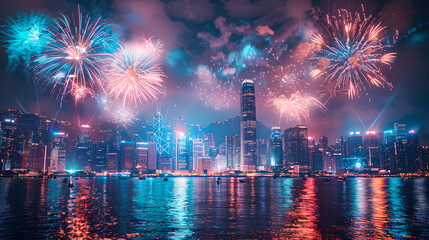 Spectacular fireworks display over illuminated Hong Kong skyline