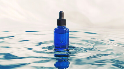 Wall Mural - Blue cosmetic jar with facial serum on a background of blue water