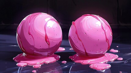 Wall Mural -  Pink donuts on black surface with pink liquid puddle