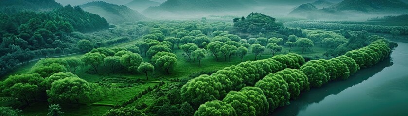 A breathtaking aerial view of a lush, green forest with rolling hills and a winding river, creating a serene and tranquil landscape.