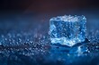 © D - Close-up of Ice Cube with Water Droplets in Cool Blue Light - Refrigeration, Chill, Refreshment Stock Image