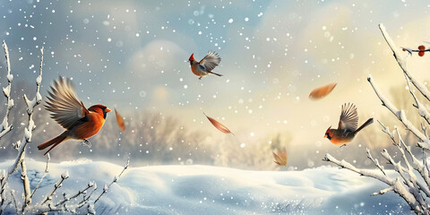 Wall Mural - Snowflakes and Flight: Winter Birds Gliding South Amidst Snowy Backdrops