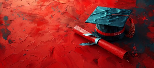 Graduate Hat with Diploma on Red Background