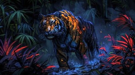 Wall Mural -   Digital painting of a tiger walking in a forest of plants and trees with red, orange, and blue hues