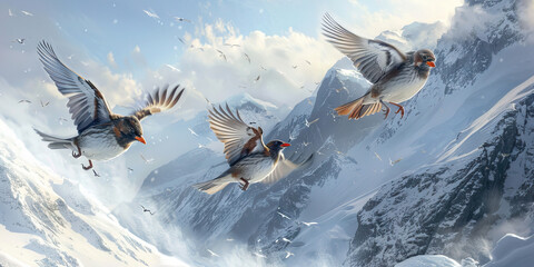 Wall Mural - Frozen Farewell: Feathered Friends Departing Snowy Landscapes for Sunnier Skies