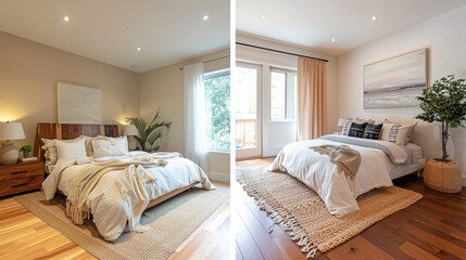 Canvas Print - A before and after comparison of a bedroom renovation with the new design incorporating sustainable bamboo flooring and organic cotton bedding recommended by Sustainable Building