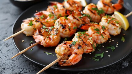 Wall Mural - Savory grilled shrimp on skewers, drizzled with a tangy mix of soy sauce, garlic, fresh parsley, and a squeeze of lemon, all served on a chic black plate.