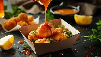 Sticker - perfectly golden classic chicken nuggets in a takeout box, drizzled with fiery sauce, with ingredients like parsley and lemon slices artistically floating, creating a dynamic and appetizing scenes