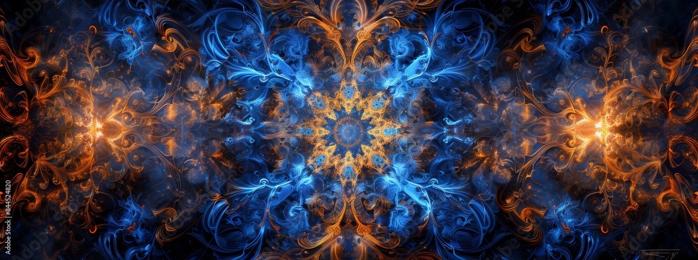 Abstract digital artwork featuring blue and orange swirls. The image is ...