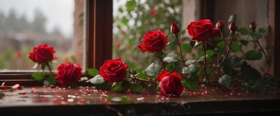 Red rose bushes next to the broken window.