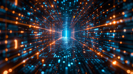 Abstract digital background with binary code and AI algorithms running. Futuristic tech visualization in a 16:9 aspect ratio