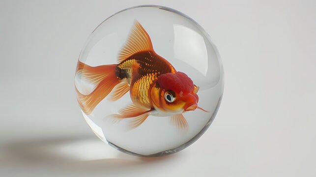 Fancy goldfish in a crystal-clear glass ball on white background.