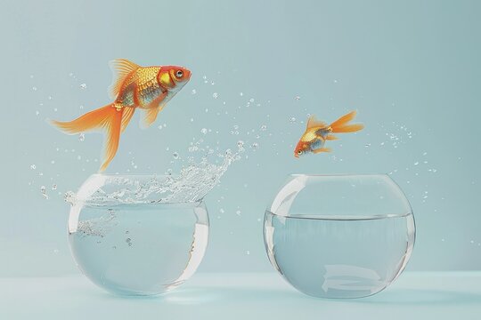 Goldfish jumping out of fishbowl with swimming companion freedom and friendship in a small world