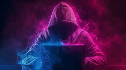 Hacker wear a hoodie using a laptop in the room overlay with source code hologram, cyber security concept, Data thief, cyber attack.