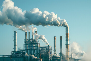 factory in city, textile production and pollution, industrial engineering and steam emissions.