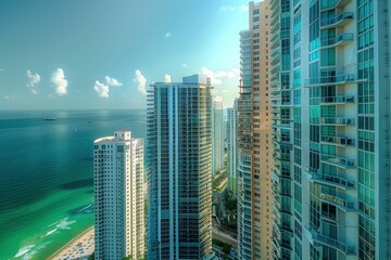 Wall Mural - Scenic ocean view from miami high rise building overlooking the beach and city skyline, travel destination beauty and luxury